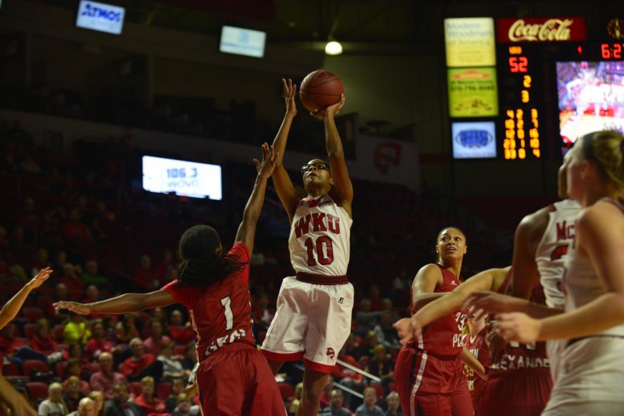 WKU sophomore forward Tashia Brown (10) puts up a shot during the game against the Austin Peay State University Lady Colonels, Saturday, Dec. 5, 2015 at Diddle Arena, Bowling Green, Ky. WKU won 88 - 69. Matt Lunsford/HERALD