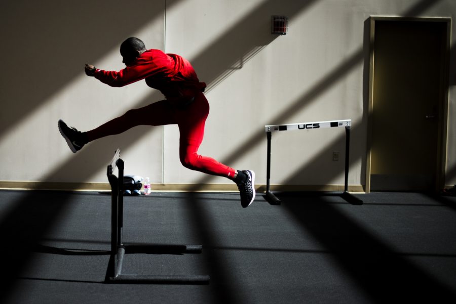 West Palm Beach, Fla. sophomore Jonathon Hayden practices hurdles before his race in the finals of the mens 60 meter hurdles at the Music City Challenge in Nashville, Tenn. February 13, 2016. Hayden went on to finish fifth with a time of 8.09 seconds. Justin Gilliland/HERALD