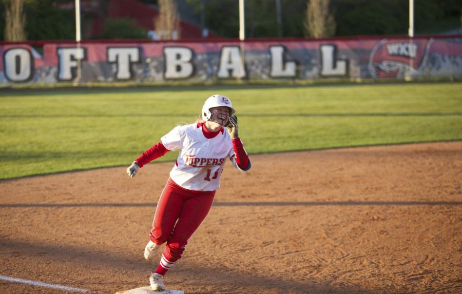 Freshman outfielder Kelsey McGuffin (15) smiles as she rounds third base following a bases empty walk off home run in extra innings against MTSU April 9 2016 at the WKU Softball Complex in Bowling Green. Mcguffin hit her fourth home run of the season and second of the day against MTSU in the bottom of the ninth inning winning 4-3. Joseph Barkoff/HERALD