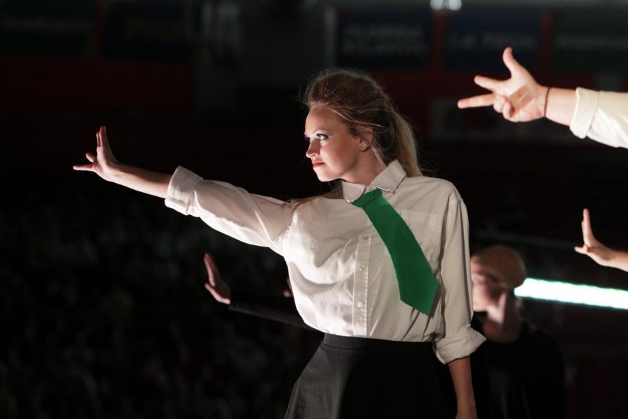 Jessie Houk, a freshman at WKU, danced during Greek week Spring Sing with her sorority Alpha Omicron Pi in their performance of Hogwarts. The girls choreographed and preformed the dance on stage in front of a huge crowd in E.A. Diddle Arena on April 17, 2016. Lex Selig/HERALD