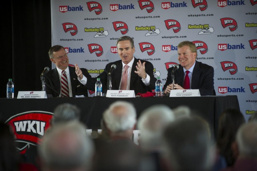 New WKU men’s basketball Head Coach Rick Stansbury speaks during his first press conference at Smith Stadium. Stans- bury replaces Ray Harper as head basketball coach after Harper resigned following the suspension of three WKU players on March 17. JUSTIN GILLILAND/HERALD