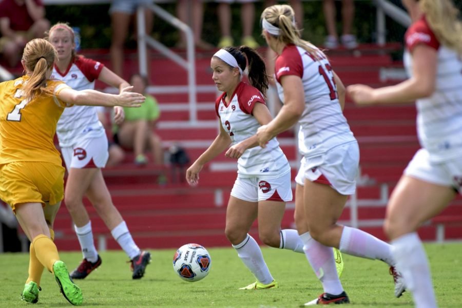 Junior midfielder Hannah Chua (2), center, makes a break for the goal during the Lady Toppers match against Valparaiso University Sept. 6, 2015, at the WKU Soccer Complex. Michael Noble/HERALD