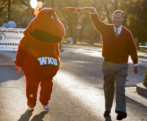 President Gary Ransdell and Big Red lead the parade behind the WKU marching band during the Citizens First Homecoming Parade Sept. 29, 2010, on Avenue of Champions. Julia Walker Thomas/HERALD