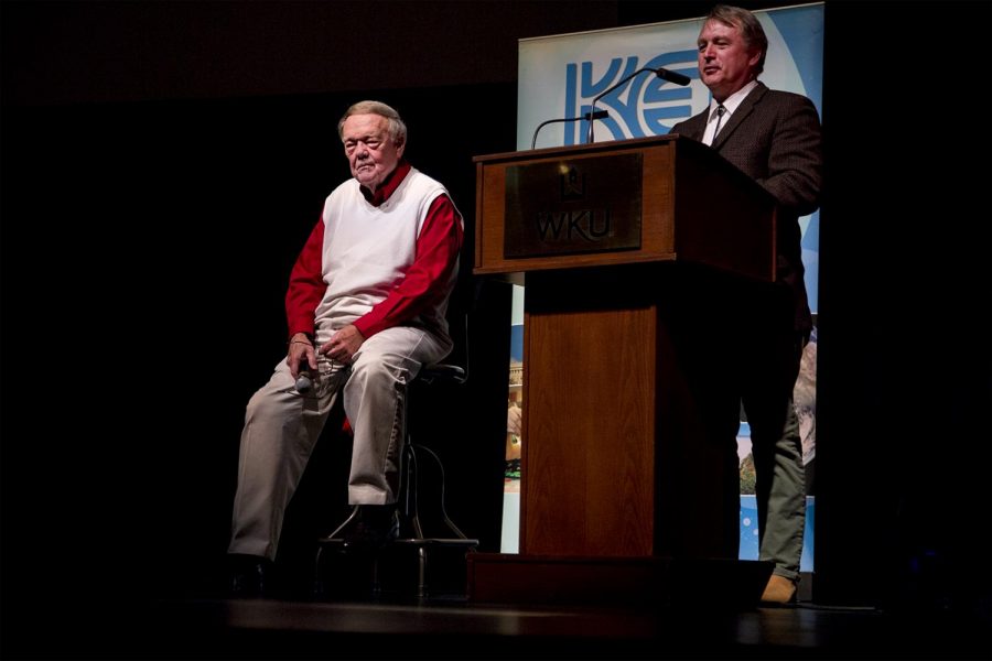 Don McGuire, 85, of Lexington sits on stage in Van Meter Hall after the viewing of the KET documentary The Hilltoppers on Monday, Oct. 10. McGuire is the only remaining member of the internationally famous quartet that was founded at WKU in the 1950s, then known as Western Kentucky State College. Originally from Hazard in eastern Kentucky, McGuire came to WKU to play basketball. While here, he became one of the founding members of The Hilltoppers. I am so happy I came to Western Kentucky, McGuire said. McGuire graduated from WKU in 1954.