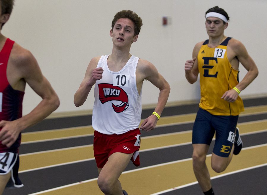 Freshman Taylor Scarbrough runs the mens 3000 meter event on Feb. 11 at the Music City Challenge. Scarbrough placed sixth in his heat with a time of 8:31.