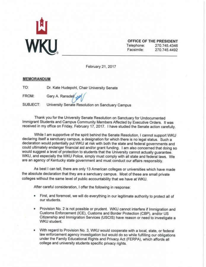 Ransdell declines University Senate resolution to name WKU sanctuary campus