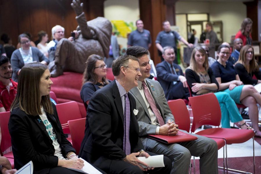 Melanie Evans, coordinator for judicial affairs, Gary Ransdell, and Student Government Association president Jay Todd Richey, listen as attorney general Andy Beshear gives a speech at the sexual assault prevention month event on March 27, 2017 in Downing Student Union. This event was held to kick off the month full of events that raise awareness for sexual assault, and for Ransdell and Beshear to speak out about the prevention of sexual assault and the actions they are taking to help with that. 