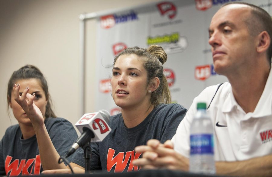 Senior Outside Hitter Sydney Engle speaks in the media room at diddle arena on her experience with volleyball and her team on Tuesday Aug. 22, 2017. “It’s a sport that i finally got into,” said Engle. “My team, they just make me want to get better all the time. I want to provide for them and do the best i can for them.”