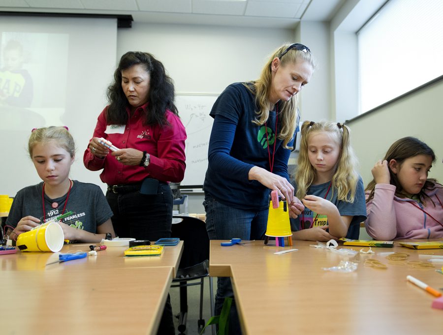 Fourth graders participate in an artistic robots workshop at a GEMS, Girls in engineering, math, and science conference on Saturday. The workshop consisted of the girls using a motor to create a moving robot to which they would attatch markers so that the robots could make art. Martha Day, a co-director of SkyTeach who helped lead the class said, Its a great place for girls to get to learn to persist.