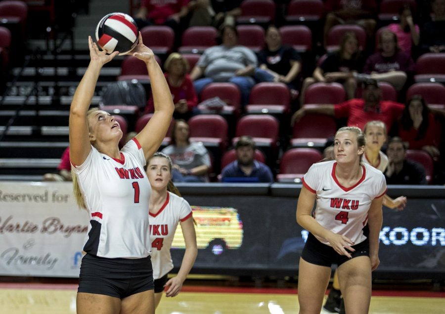 WKU senior Jessica Lucas (1) sets the ball to Rachel Anderson (4) during a game vs. Louisiana Tech on September 29, 2017 in EA Diddle Arena. There is no one who is able to do what we can do offensively on the court, head coach Travis Hudson said before the game.