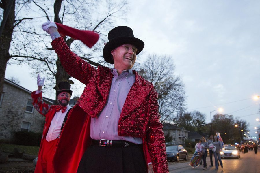 WKU President Gary Ransdell dons a top hat and sequined tailcoat, of a big-top ringmaster during the circus-themed homecoming parade Fall 2015. 