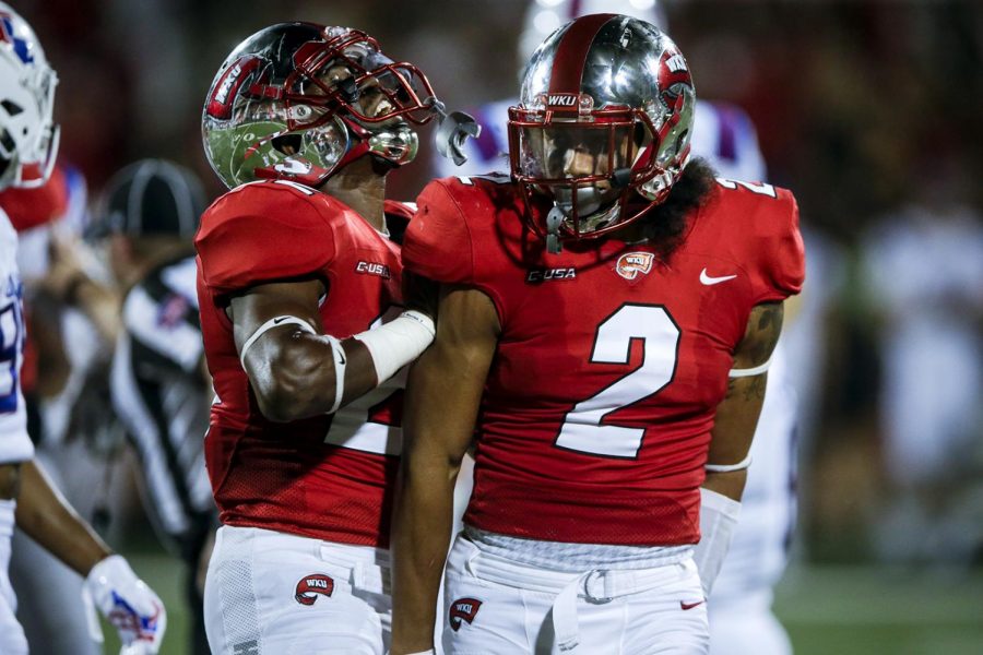 WKU+defensive+Devon+Key+celebrates+with+his+teammates+during+the+Hilltoppers+22-23+loss+to+Louisiana+Tech+University+on+Saturday+Sept.+16%2C+2017+at+L.T.+Smith+Stadium.