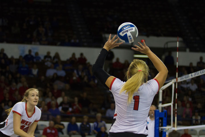 Senior setter Jessica Lucas sets a ball to junior Rachel Anderson in last weeks NCAA Tournament first round game against Notre Dame. Lucas and Anderson both received AVCA South Region honors on Tuesday, Dec. 5. 