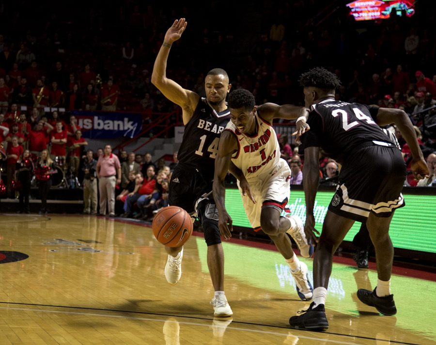 Junior guard Lamonte Bearden (1), pushes through the defense of Missouri State Bears to gain possession of the ball on Friday, Nov. 10 at E.A. Diddle Arena.