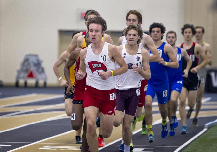 Junior Mark Stice leads the pack during the mens 3000 meter distance event at the Music City Challenge on Saturday, Feb. 11.