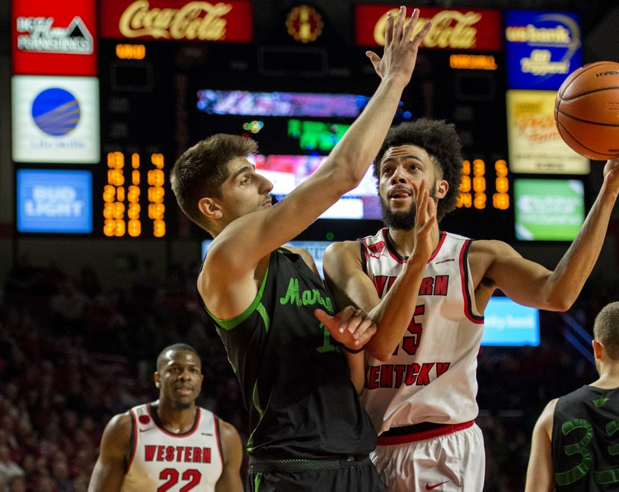 WKU guard Darius Thompson goes for a lay up against the Marshall Thundering Herd at E.A. Diddle Arena Saturday, January 27. Thompson led the team with 20 points in the Hilltoppers 74-85 victory.