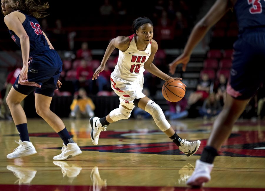 WKU Forward Tashia Brown (10) drives the ball during the Lady Toppers 82-63 win over Florida Atlantic on Feb. 3 at Diddle Arena. Brown lead the team in scoring with 25 points.
