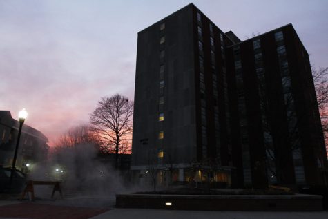 Steam escapes from beneath the street and sidewalk in front of Minton Hall at sunrise on Sunday morning, Feb. 27 2011. 