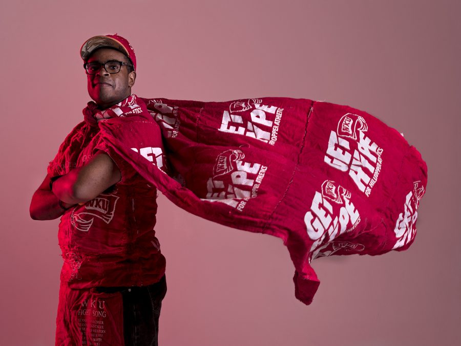 Senior Brendan Ward shows off his school spirit and support for WKU athletics with his handmade red towel outfit. The hat, shirt, pants and cape took a year in total to make. Wards favorite sport to attend is basketball because the players and coaches are close enough to hear me.
