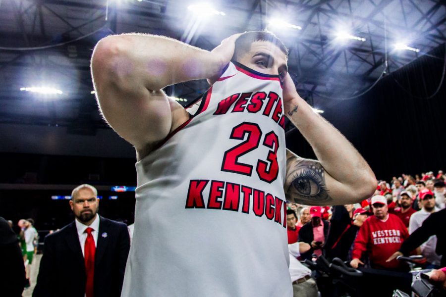 WKU Forward Justin Johnson (23) walks off the court following the Hilltoppers 67-66 loss in the championship game of the Conference USA tournament against Marshall University on Saturday March 10, 2018 at The Star in Frisco, Tx.
