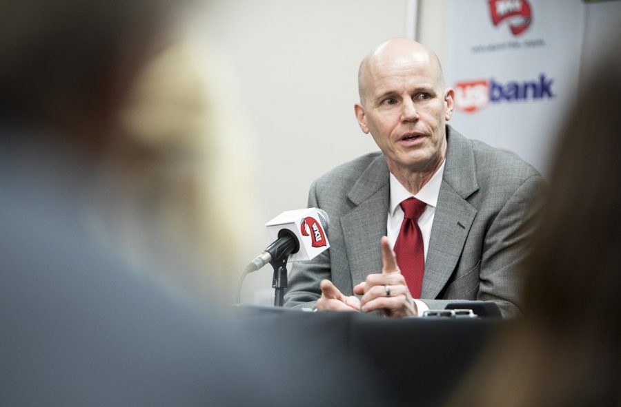 Greg+Collins+addresses+the+media+during+a+press+conference+where+he+was+announced+as+the+new+head+coach+of+the+WKU+womens+basketball+team+on+April+4+in+Diddle+Arena.+The+announcement+of+Collins+as+head+coach+came+shortly+after+Michelle+Clark-Heard+announced+she+would+be+leaving+WKU+to+coach+the+Cincinnati+Bearcats+womens+team.
