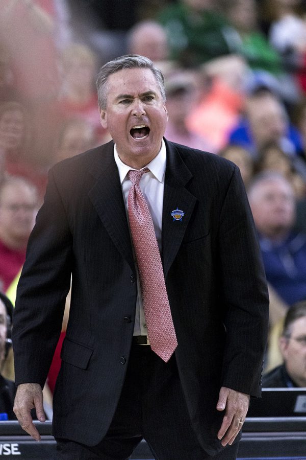 Head coach Rick Stansbury yells to his players during the Hilltoppers semifinal game of the Conference USA tournament against Old Dominion University on Friday March 9, 2018 at The Star in Frisco, Tx.