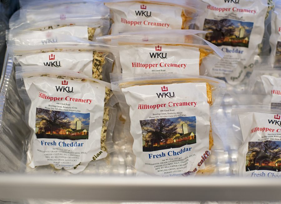 Packaged cheese made in Western Kentucky University’s creamery is stored in a small refrigerator in the “cheese-room” where all of Hilltop Creamery’s cheese gets made. The Hilltop Creamery is located in the Charles L. Taylor Agriculture Center building on WKU’s Agriculture farm. Gary Beu was hired and started the first of January to help get the Creamery up and running. “Everything’s gone really really well…dairy inspectors have been great, they’re happy with what we’re doing and how we’re doing it.”