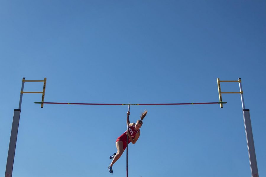 Ashland junior Morgan McIntyre competes in the pole vault during the Topper Relays on Friday, April 7, 2017 at the Charles M. Rueter Track and Field Complex.