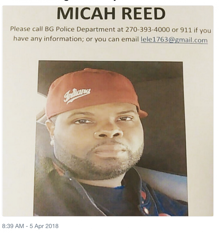 A screenshot of a tweet which shows a missing persons flyer for Micah Reed. 