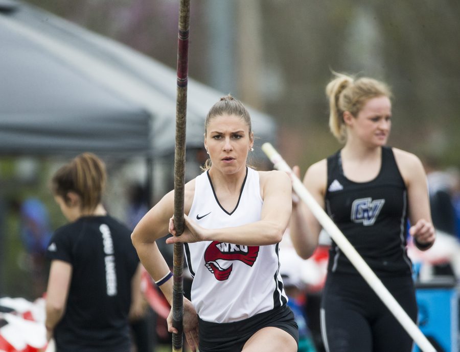 Junior Getter Lemberg makes a run to pole vault at the Hilltopper Relay event took place on Friday, April 6 at the Charles M. Rueter Track and Field Complex. The Hilltopper athletes tied or bested 20 personal records. Lemberg placed 7th.