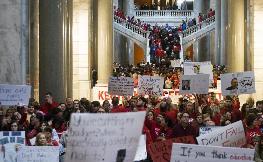Teachers gathered on April 2 at the Kentucky State Capital Building in Frankfurt, Ky. to protest a new pension bill.