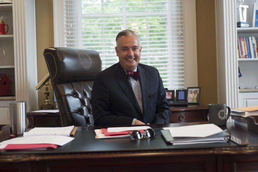 President Timothy Caboni seated at his desk in the Craig Administration Center. He marks his first year in office as WKU’s tenth president on July 1, 2018. Although his inaugural year featured financial challenges to the university, Caboni said he was enthusiastic about the future, which includes the unveiling of his administration’s strategic plan for the university and efforts to improve student enrollment and retention.