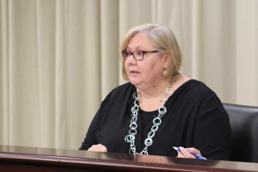 Staff Regent Tamela Smith addresses the WKU Staff Council about her desire for the university to change the eligibility requirements of its medical leave bank during the councils meeting on June 6.