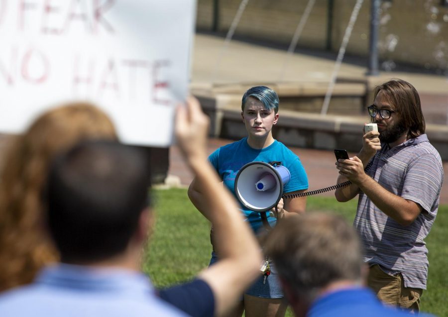Spencer Wells speaks to protestors of White Nationalists Groups gathered at Circus Square Park in downtown Bowling Green on Saturday, Aug 25. “Who’s town?” “Our town” was one of the chants the protestors called out.