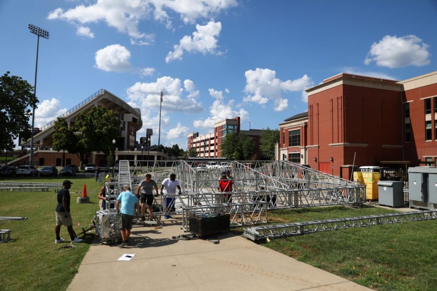The stage for the Cage the Elephant concert is being set up on South Lawn next to Downing Student Union for the bands performance on Saturday Sept. 8, 2018. Photo by Tyger Williams