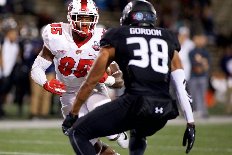 MikQuan Deane (85) turns the ball up field for WKU against Old Dominion at Houchens-Smith Stadium on Oct. 20 in Bowling Green. The Hilltoppers lost to ODU 37-34 