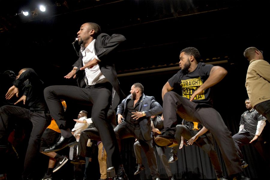 The Eta Rho chapter and other chapters of Alpha Phi Alpha Fraternity, Inc. step at the end of the District Step Show on Friday, Feb. 3, 2017 in DSU Auditorium.   EBONY COX/HERALD