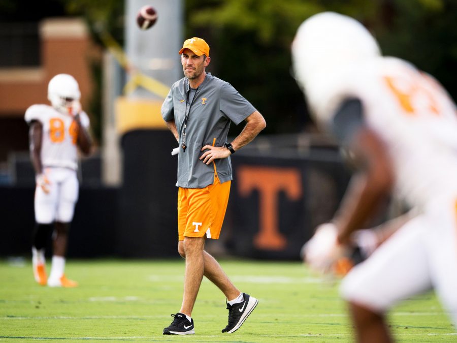 Tennessee offensive coordinator Tyson Helton during Tennessees afternoon football practice on Tuesday, September 18, 2018.  