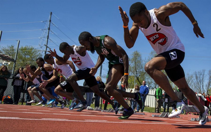 During+the+Mens+100+Meter+Dash%2C+WKU+senior+JaKaryus+Redwine%2C+right%2C+finished+in+6th+with+the+time+of+10.77+seconds+at+the+Hilltopper+Relay+Meet+at+Charles+M.+Rueter+Track+and+Field+Complex+on+Saturday%2C+April+9%2C+2016.+%28WESTON+KENNEY%2FHERALD%29
