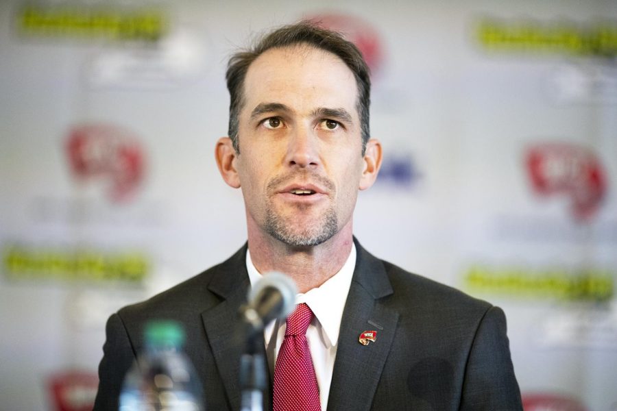 WKU's new head coach Tyson Helton speaks during coach his press conference as the new head coach of the Hilltoppers at the Harbaugh Club in Houchens-Smith Stadium Nov. 27 in Bowling Green.