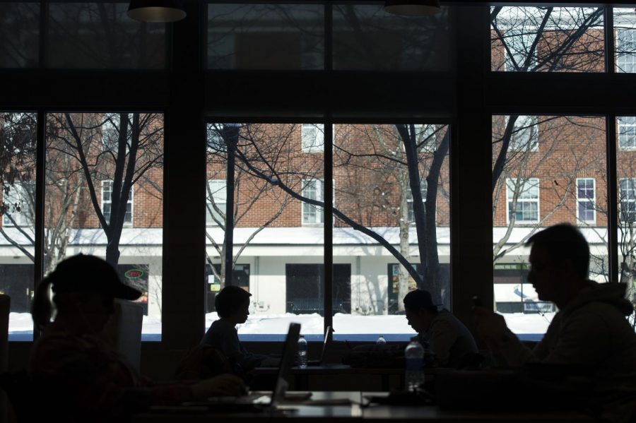 Students seek refuge in the study lounge of the Downing Student Union from several inches of snow that fell on campus and Bowling Green. William Kolb/HERALD February 2015
