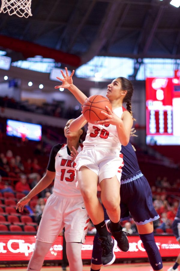 WKU+freshman+guard+Meral+Abdelgawad+goes+up+in+a+crowded+lane+during+the+Lady+Toppers+win+over+Old+Dominion.