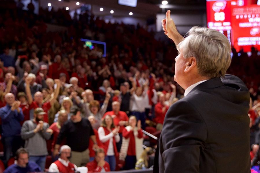 WKU head coach Rick Stansbury gives a thumbs up to a loud cheering crowd after defeating 15th-ranked Wisconsin 83-76 in Diddle Arena Dec. 29 in Bowling Green. Stansbury had coached WKU to wins over three Power 5 teams this year. 