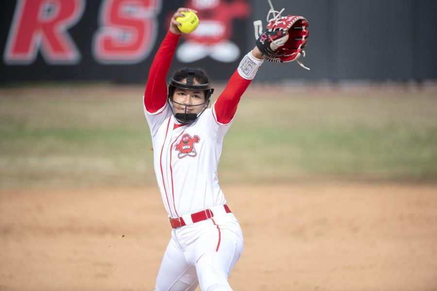 Freshman Kennedy Sullivan throws a pitch during WKU’s win 5 to 3 over WIU in Bowling Green on Saturday, Feb. 16, 2019.