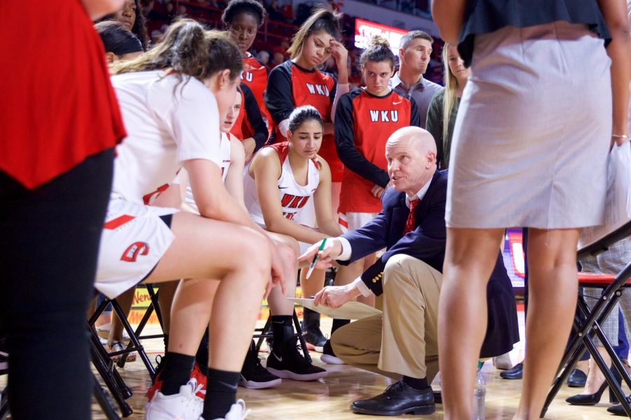 Lady Toppers' head coach Greg Collins instructs the team during their 75-60 win over Old Dominion on Saturday at Diddle Arena.