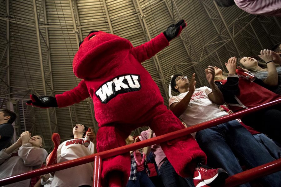 Big Red urges the crowd to rise to its feet in support of WKU during the second half of WKU's game vs MTSU in Diddle Arena. 