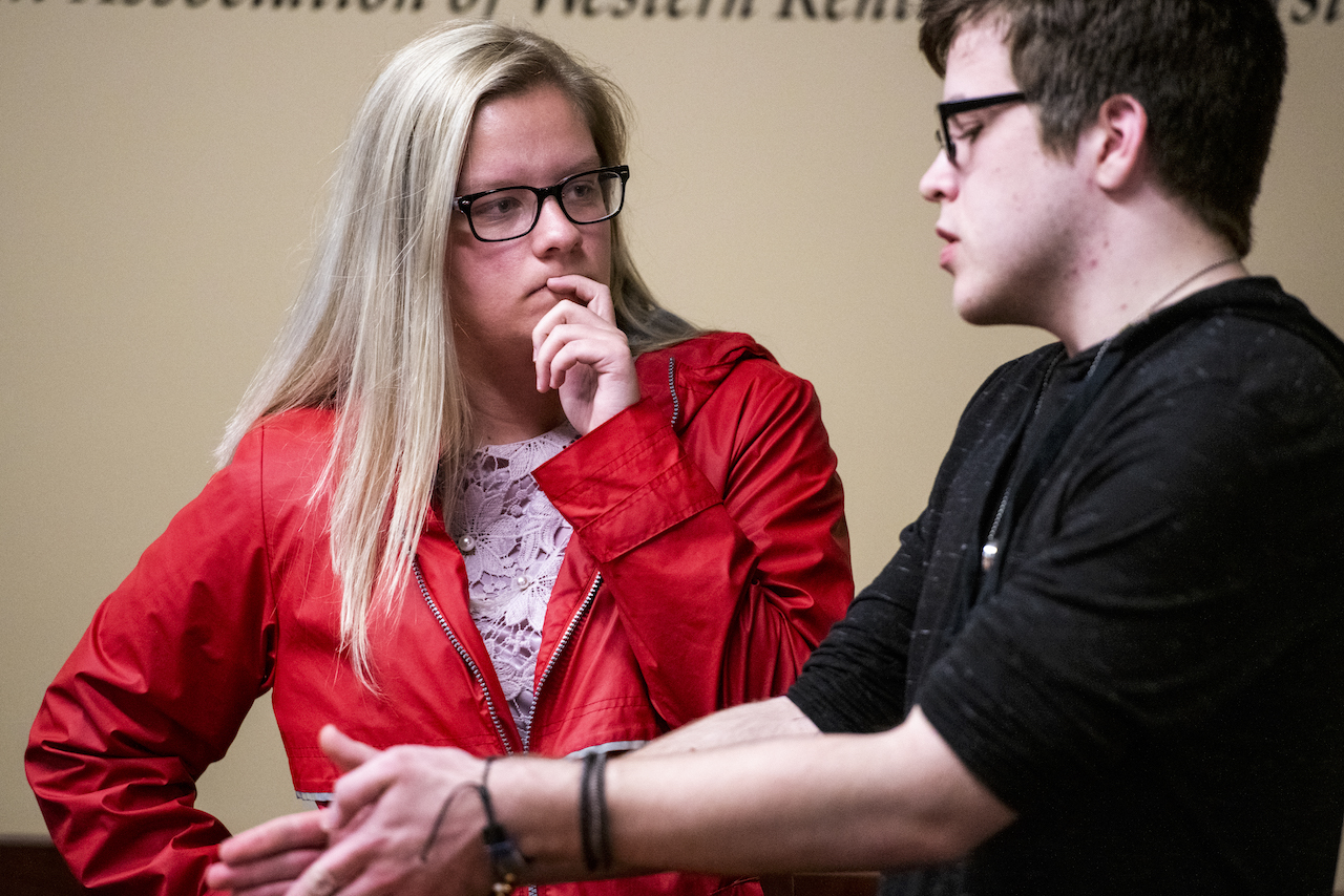 Authors of bill 2-19-S, Amanda Harder and Jayden Thomas, discuss questions asked by members of the Student Government Association during a meeting in Downing Student Union on Feb. 12, 2019.