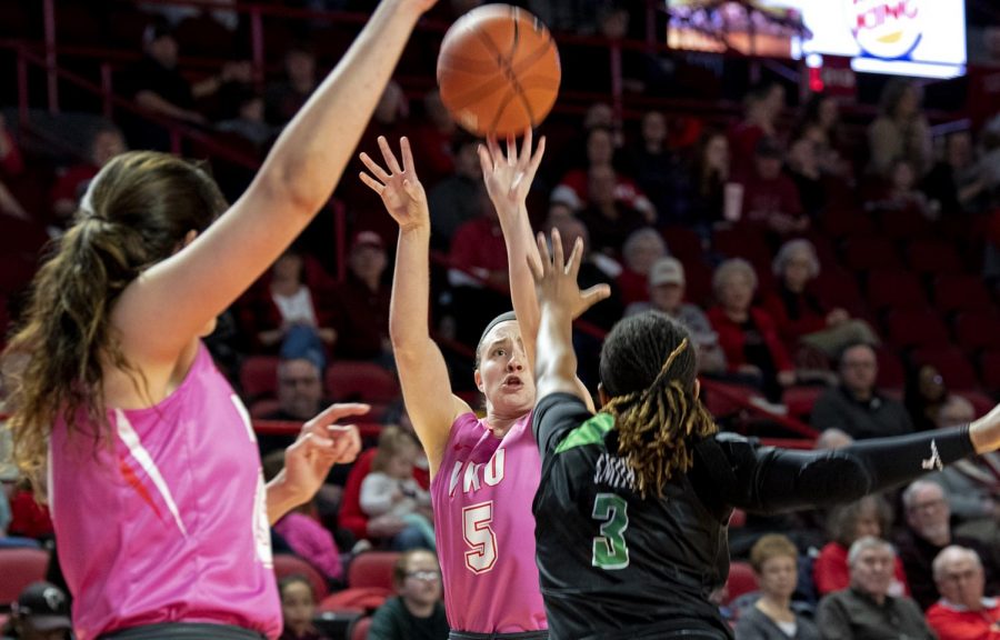Junior Whitney Creech aims for the basket during the Lady Toppers loss to North Texas at Diddle Arena on Saturday, Feb. 9, 2019.