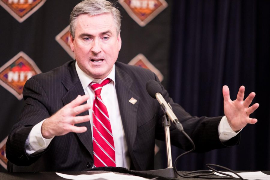 WKU basketball head coach Rick Stansbury addresses the media after the semifinals of the NIT Championship against Utah on Tuesday night. WKU lost 69-64.