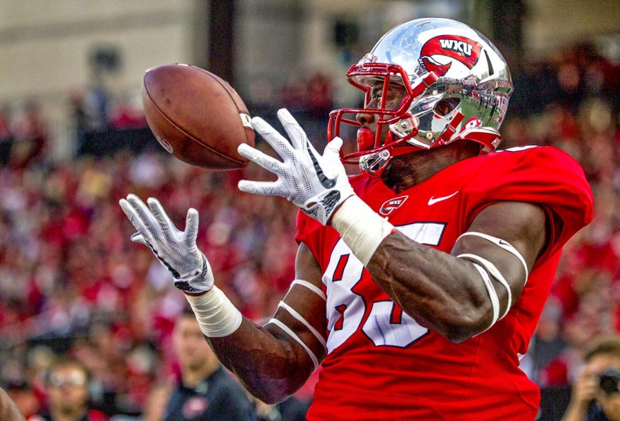 WKU+tight+end+MikQuan+Deane+%2885%29+catches+a+pass+for+a+touchdown+at+the+WKU+Homecoming+football+game+on+Saturday+October+14%2C+2017+at+Houchens-Smith+Stadium.+WKU+won+45-14.